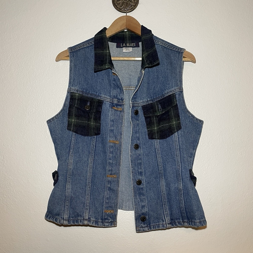 Denim‎ Vest LA Blues Corduroy Plaid Pockets Accents 1990s Size Large